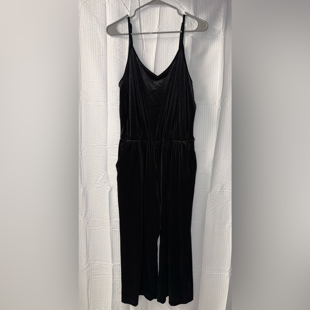 Old Navy Women Black Velvet Jumpsuit Size S Cropped Wide Leg Stretch